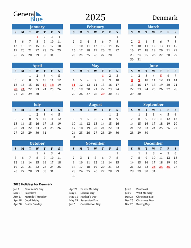 Printable Calendar 2025 with Denmark Holidays (Sunday Start)