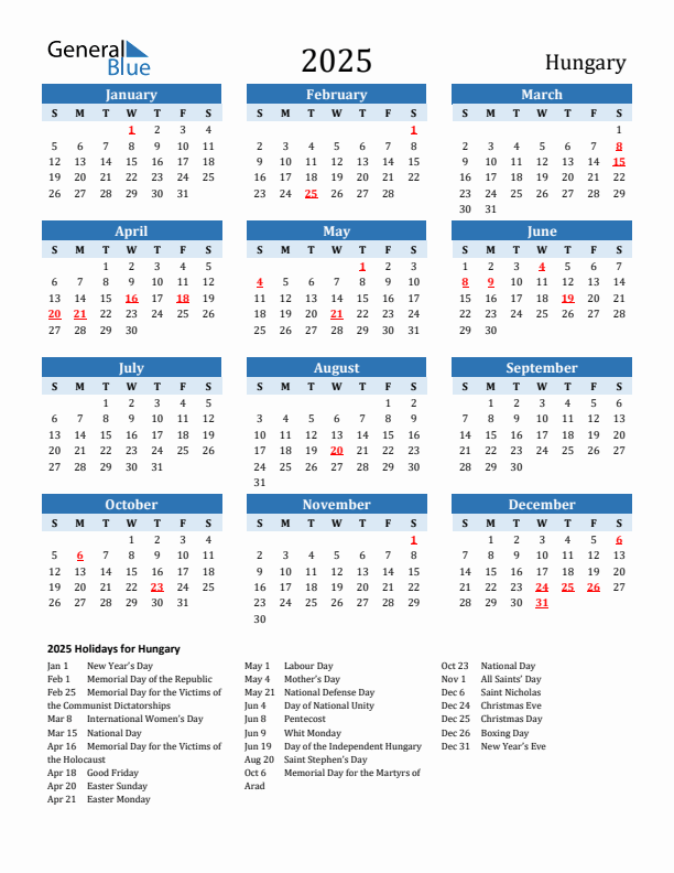 Printable Calendar 2025 with Hungary Holidays (Sunday Start)