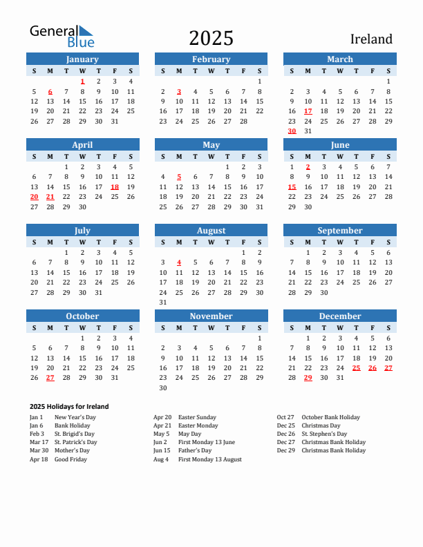 Printable Calendar 2025 with Ireland Holidays (Sunday Start)