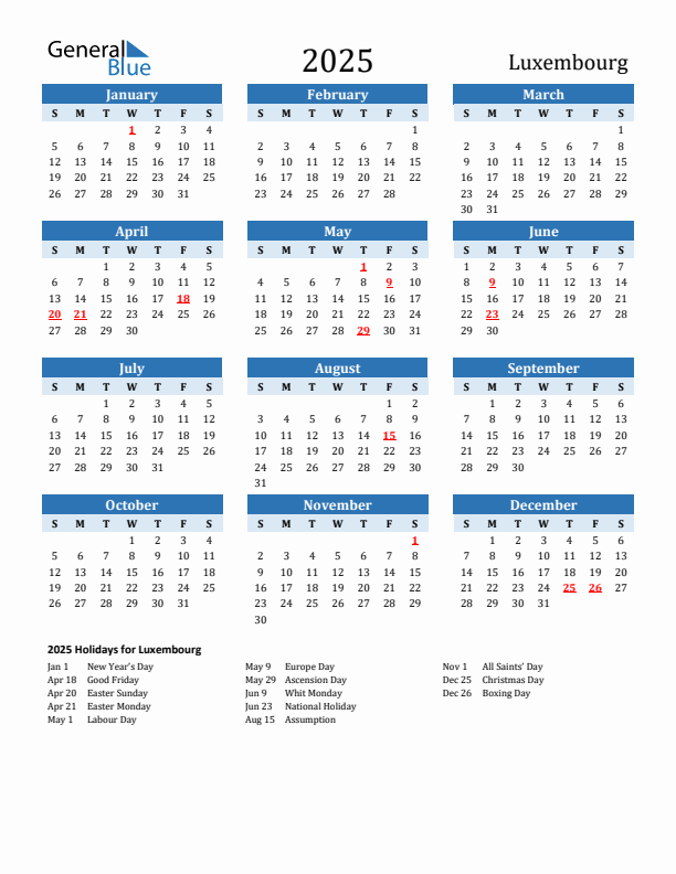 Printable Calendar 2025 with Luxembourg Holidays (Sunday Start)