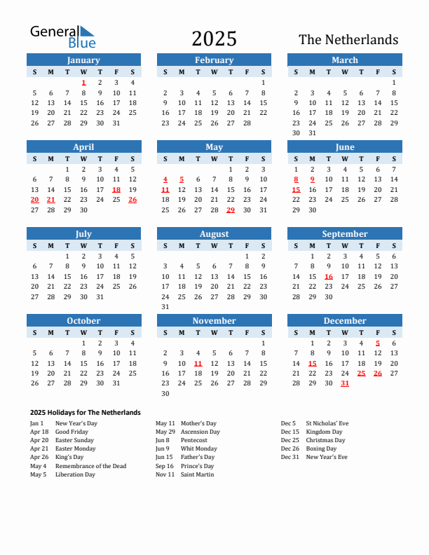 Printable Calendar 2025 with The Netherlands Holidays (Sunday Start)