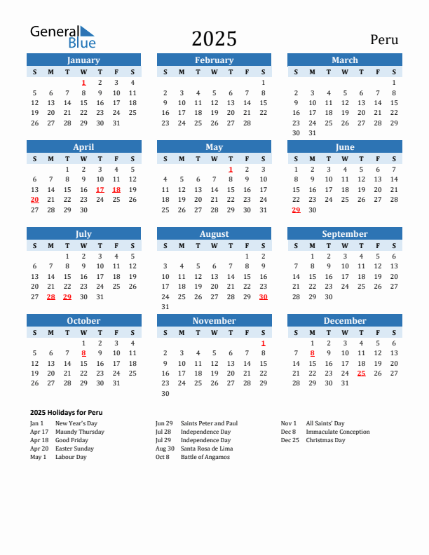 Printable Calendar 2025 with Peru Holidays (Sunday Start)