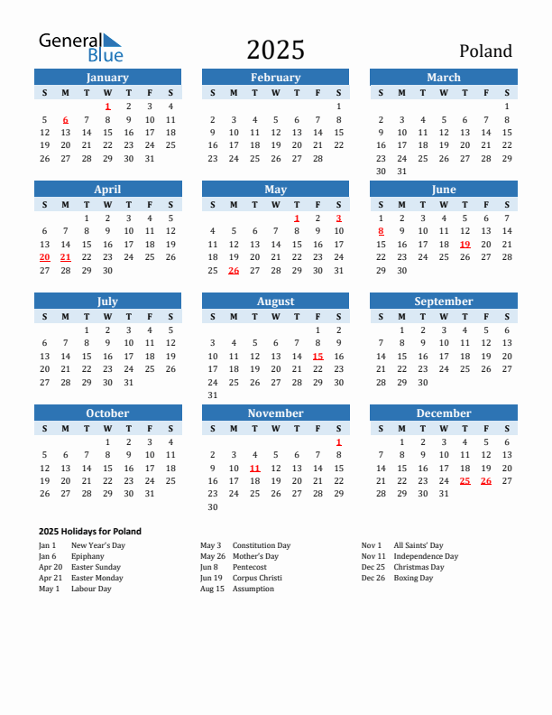 Printable Calendar 2025 with Poland Holidays (Sunday Start)