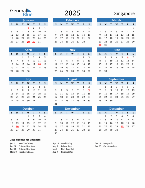 2025 Printable Calendar with Singapore Holidays