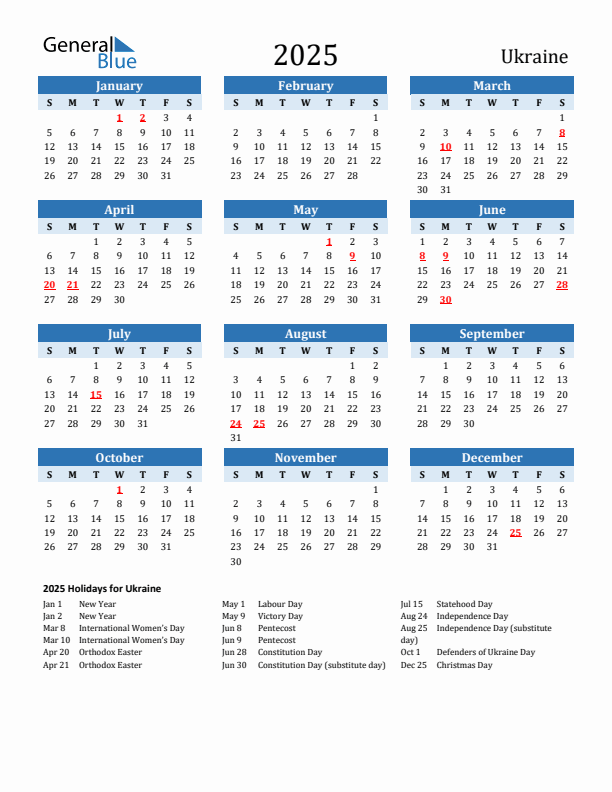 Printable Calendar 2025 with Ukraine Holidays (Sunday Start)