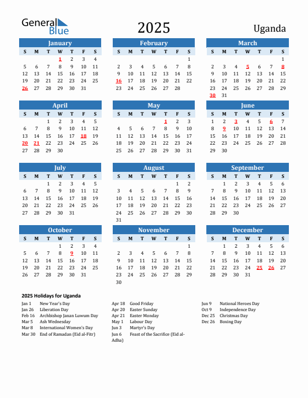 Printable Calendar 2025 with Uganda Holidays (Sunday Start)