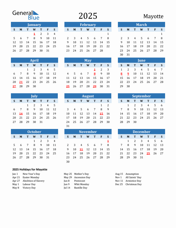 Printable Calendar 2025 with Mayotte Holidays (Sunday Start)