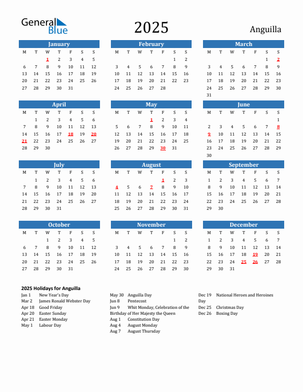 Anguilla 2025 Calendar with Holidays