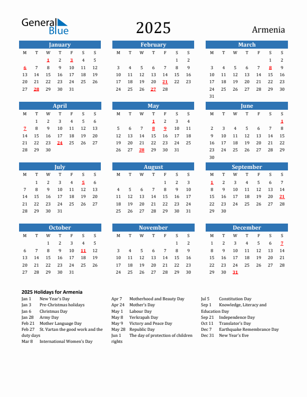 Armenia 2025 Calendar with Holidays