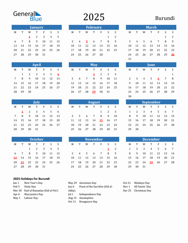 Burundi 2025 Calendar with Holidays