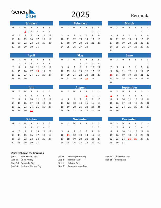 Bermuda 2025 Calendar with Holidays