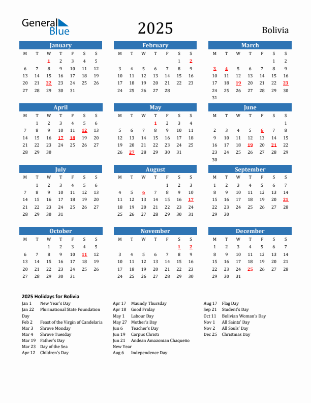 Bolivia 2025 Calendar with Holidays