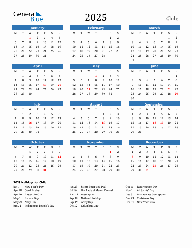 Chile 2025 Calendar with Holidays