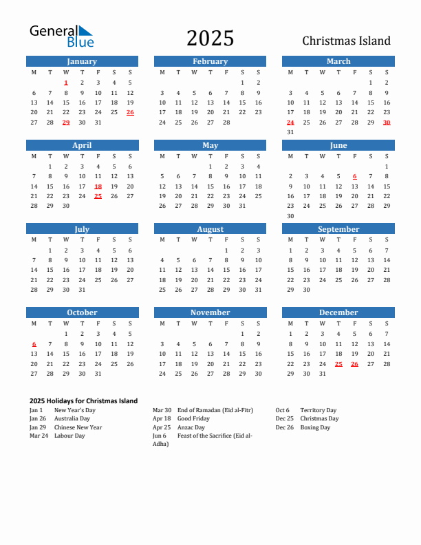 Christmas Island 2025 Calendar with Holidays