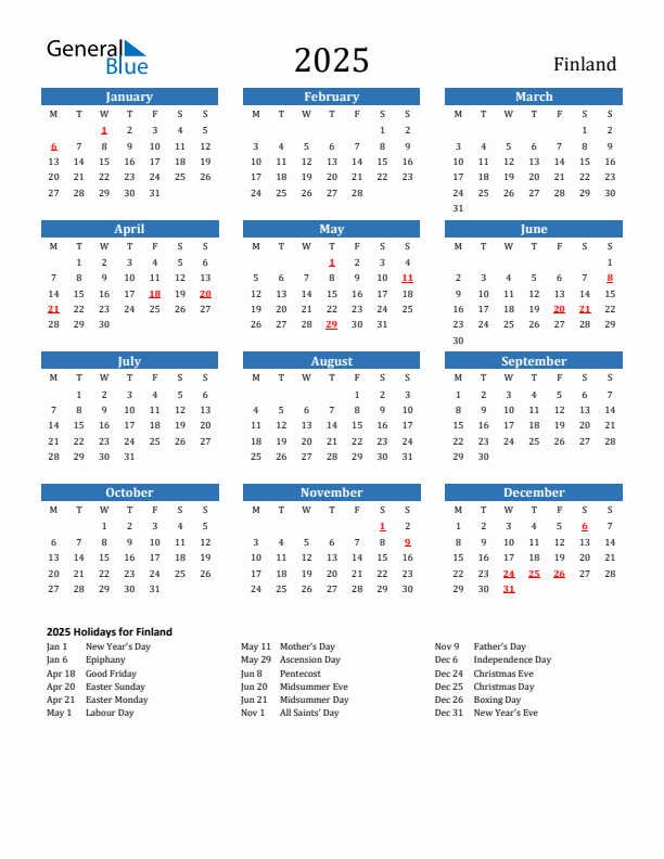 Finland 2025 Calendar with Holidays