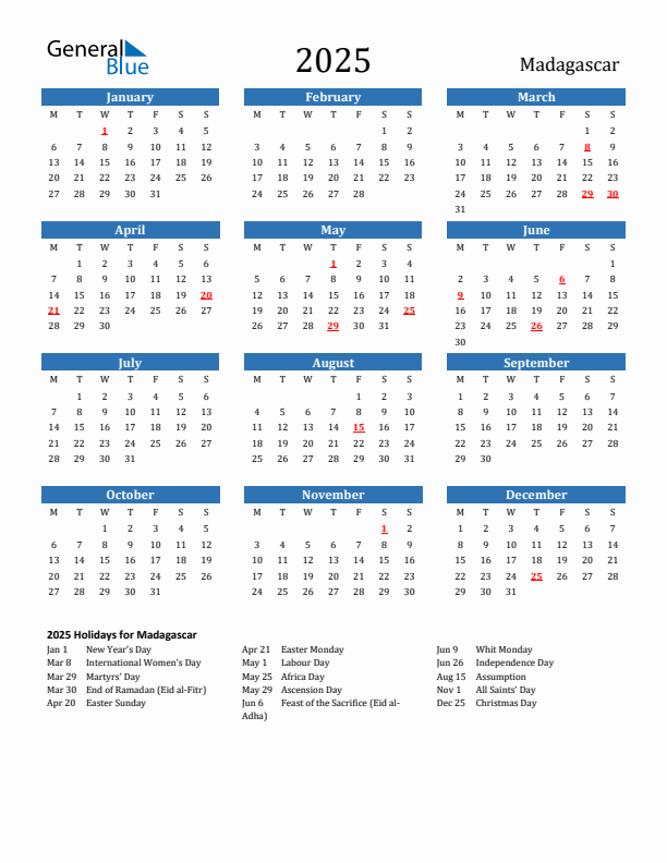 Madagascar 2025 Calendar with Holidays