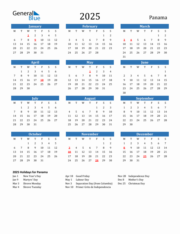 Panama 2025 Calendar with Holidays