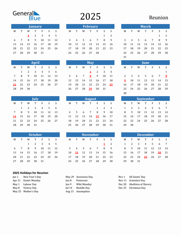 Reunion 2025 Calendar with Holidays