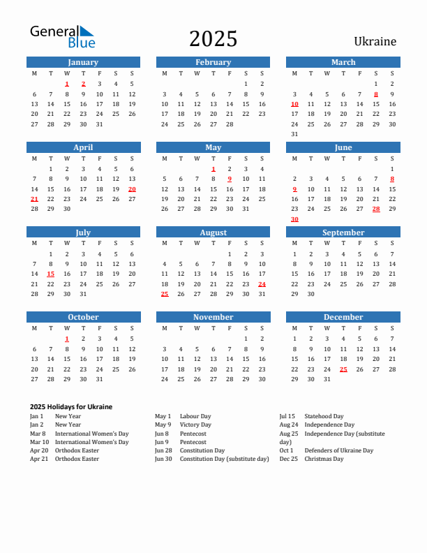 Ukraine 2025 Calendar with Holidays