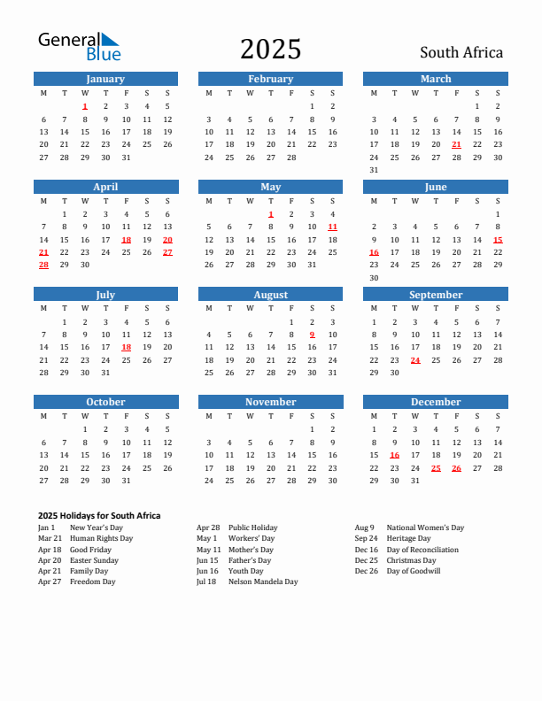 South Africa 2025 Calendar with Holidays