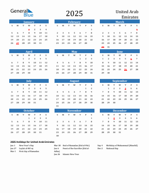 United Arab Emirates current year calendar 2025 with holidays