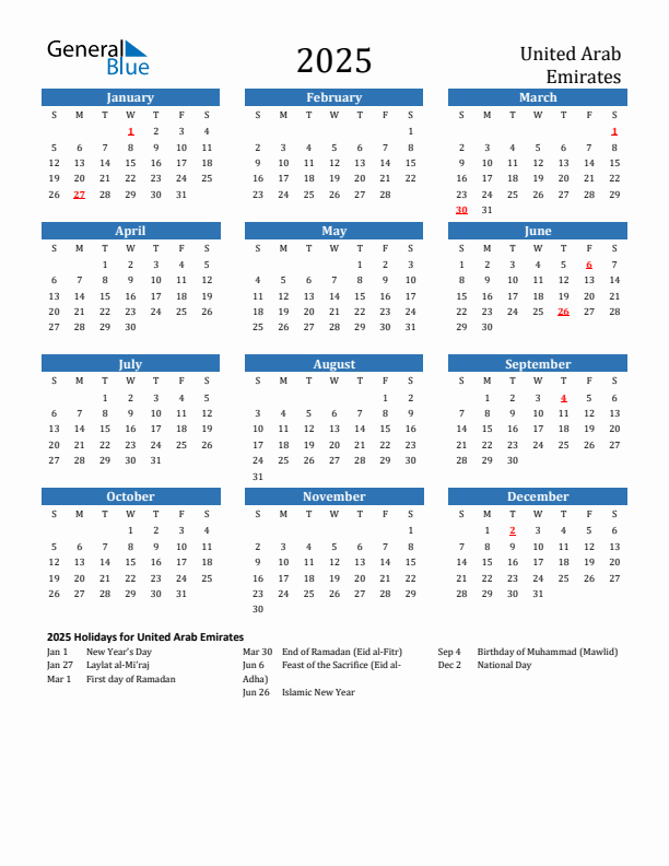 United Arab Emirates 2025 Calendar with Holidays