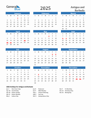 Antigua and Barbuda current year calendar 2025 with holidays