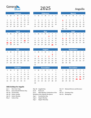 Anguilla current year calendar 2025 with holidays