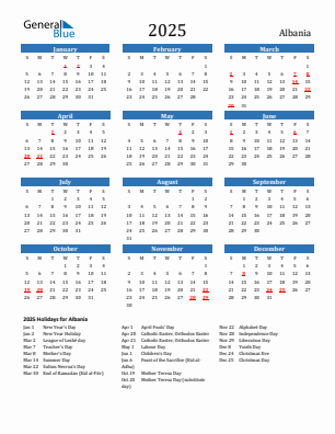 Albania current year calendar 2025 with holidays