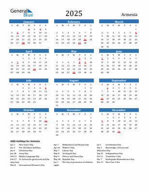 Armenia current year calendar 2025 with holidays