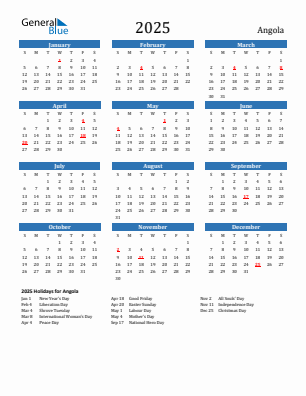 Angola current year calendar 2025 with holidays