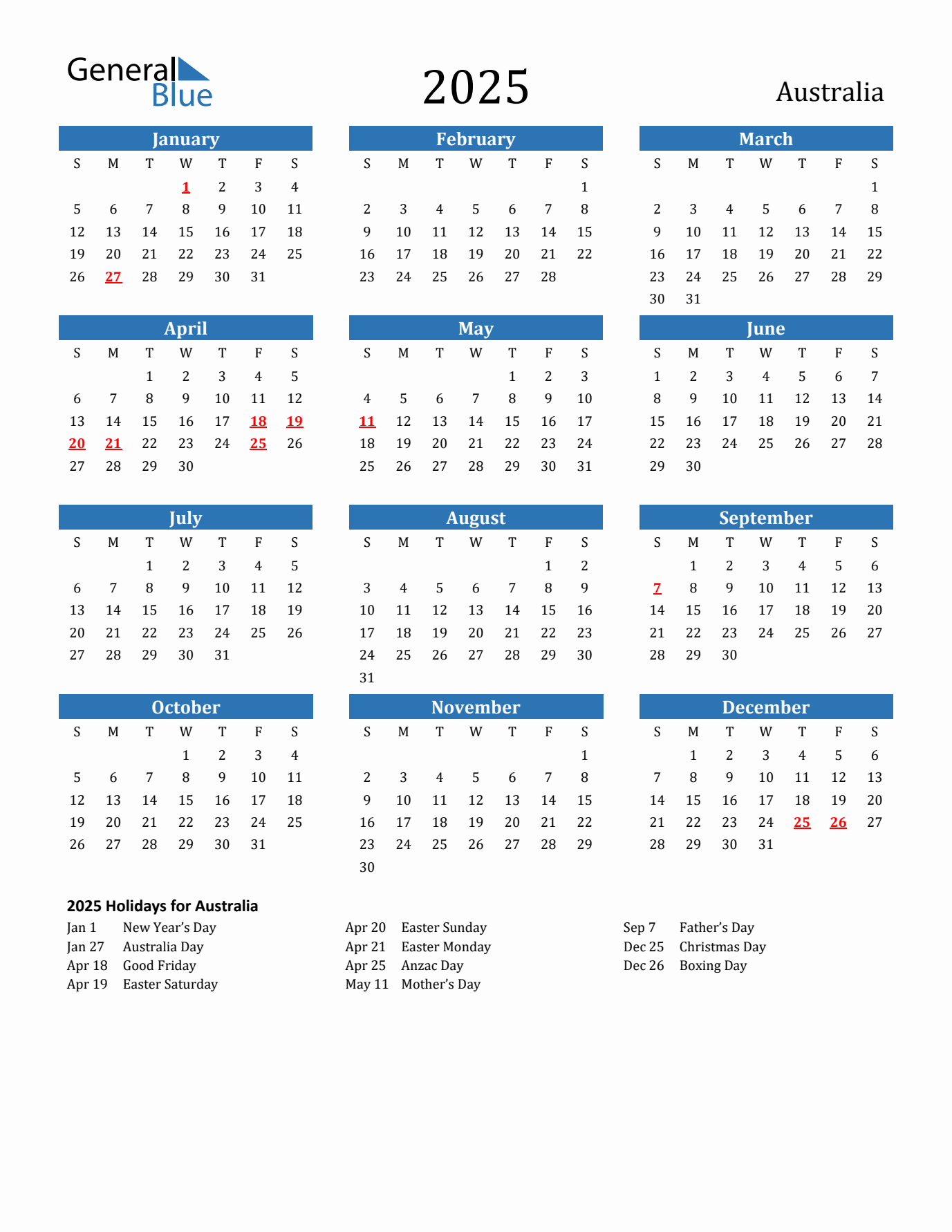 2025 yearly calendar with Australia holidays