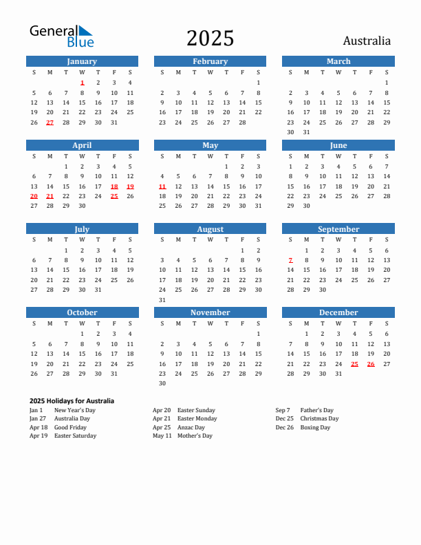 Australia 2025 Calendar with Holidays