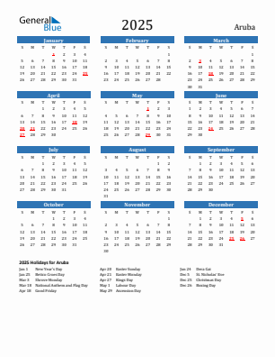 Aruba current year calendar 2025 with holidays