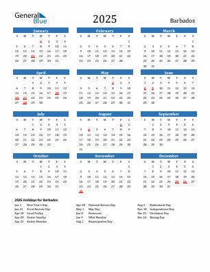 Barbados current year calendar 2025 with holidays