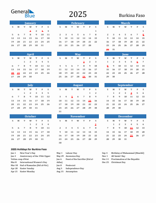 Burkina Faso current year calendar 2025 with holidays