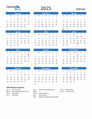 Bahrain current year calendar 2025 with holidays