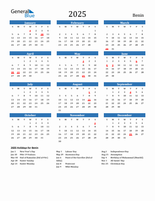 Benin current year calendar 2025 with holidays