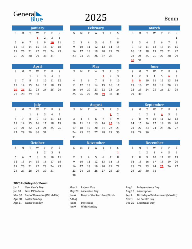 Benin 2025 Calendar with Holidays