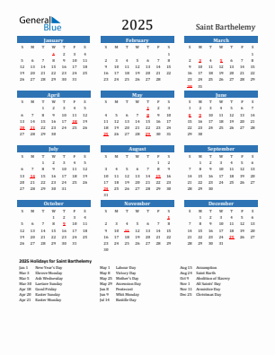 Saint Barthelemy current year calendar 2025 with holidays