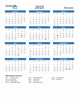 Bermuda current year calendar 2025 with holidays