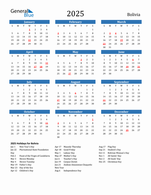 Bolivia 2025 Calendar with Holidays