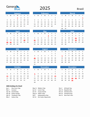 Brazil current year calendar 2025 with holidays