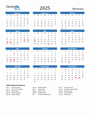 Botswana current year calendar 2025 with holidays