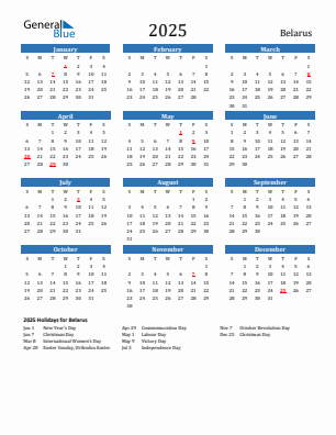 Belarus current year calendar 2025 with holidays