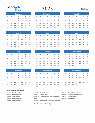 Belize current year calendar 2025 with holidays