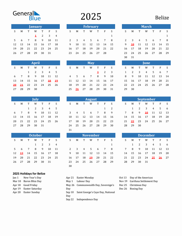 Belize 2025 Calendar with Holidays