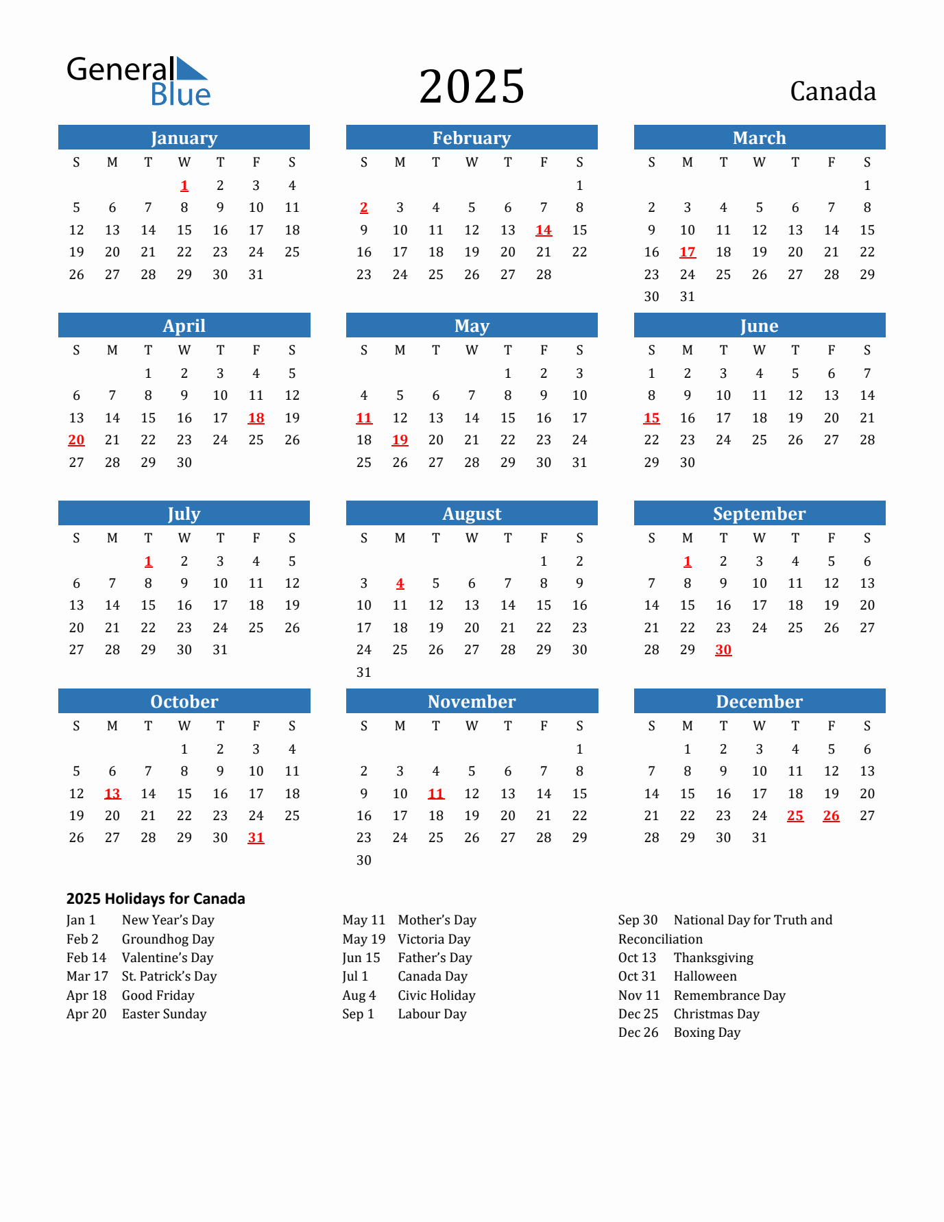 2025 yearly calendar with Canada holidays