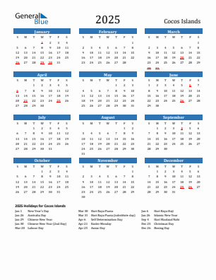 Cocos Islands current year calendar 2025 with holidays