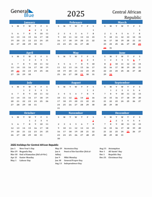 Central African Republic current year calendar 2025 with holidays